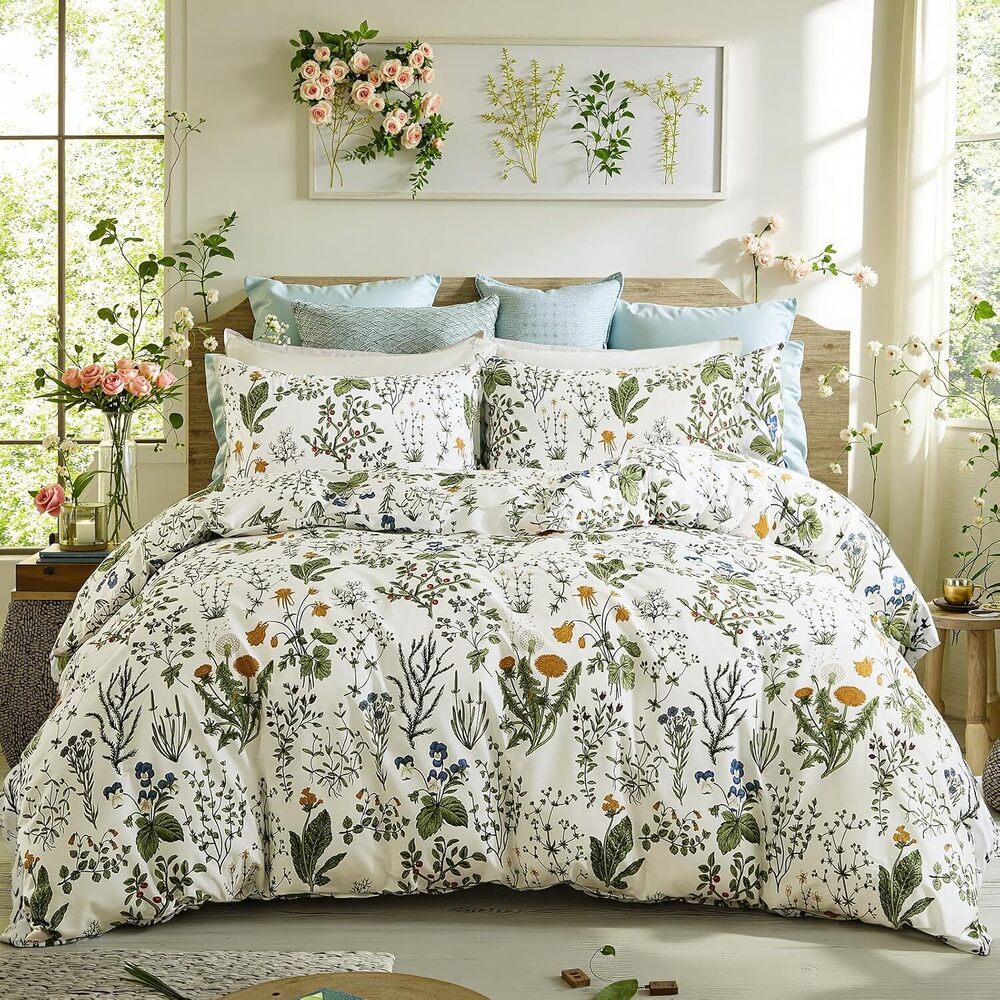 Green Comforter Set King, 100% Cotton Reversible Floral Pattern